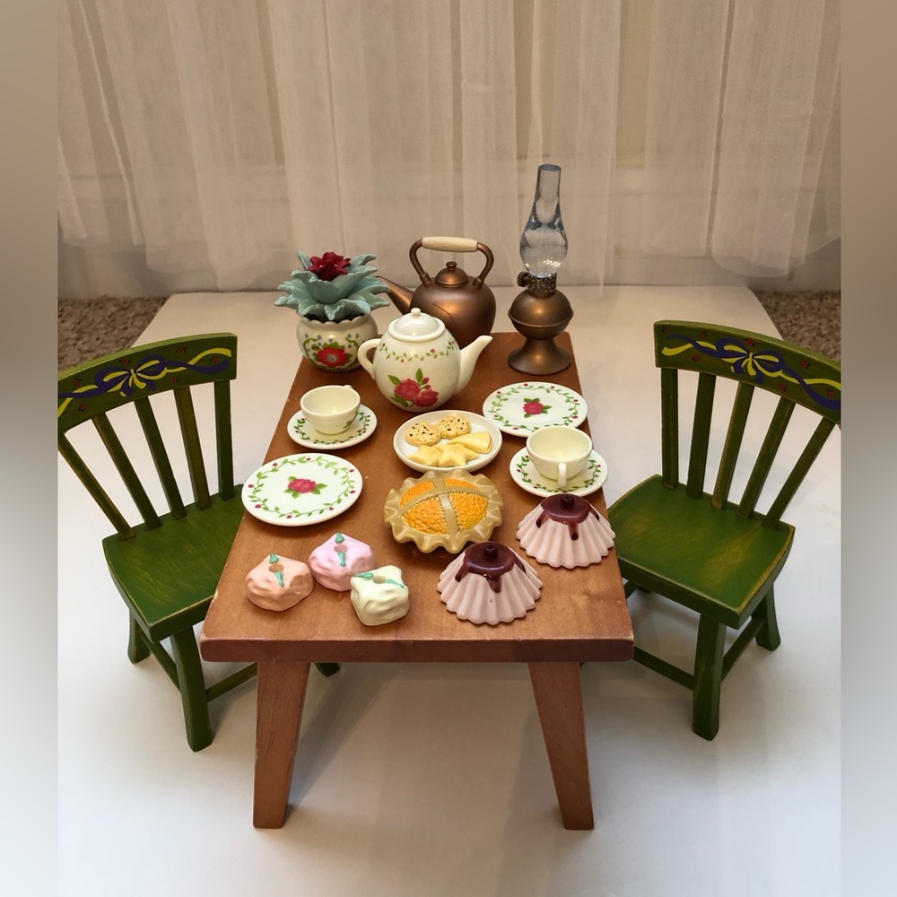 American Girl Green Wooden Chairs Tea Party Set with Floral China